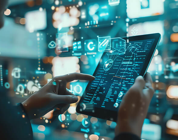 Digital Application Development - businesswoman-uses-futuristic-tablet-computer-with-transparent-screen